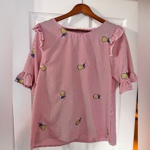 Red Stripe with Embroidered Pineapple Shirt- Size L